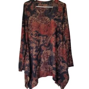 Casual Express Blouse Asymmetrical Brown Floral Leaves